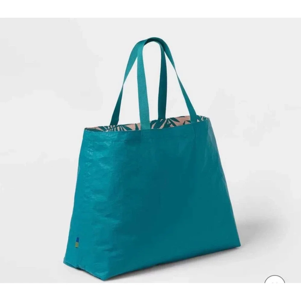 Open Story Reversible Packable‎ Tote Teal Palm Print Large Travel NWT